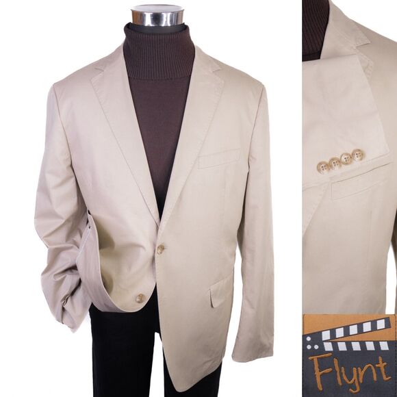 Flynt Khaki Solid Beige Sport Coat Jacket Blazer Two Button Sz 46R Cotton EUC - Picture 1 of 12